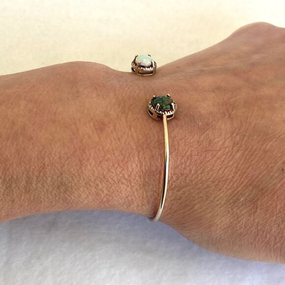 Gold Vermeil Sterling Silver Dainty Black White Opal Diamond Cuff Bracelet 6.25" - Picture 14 of 16